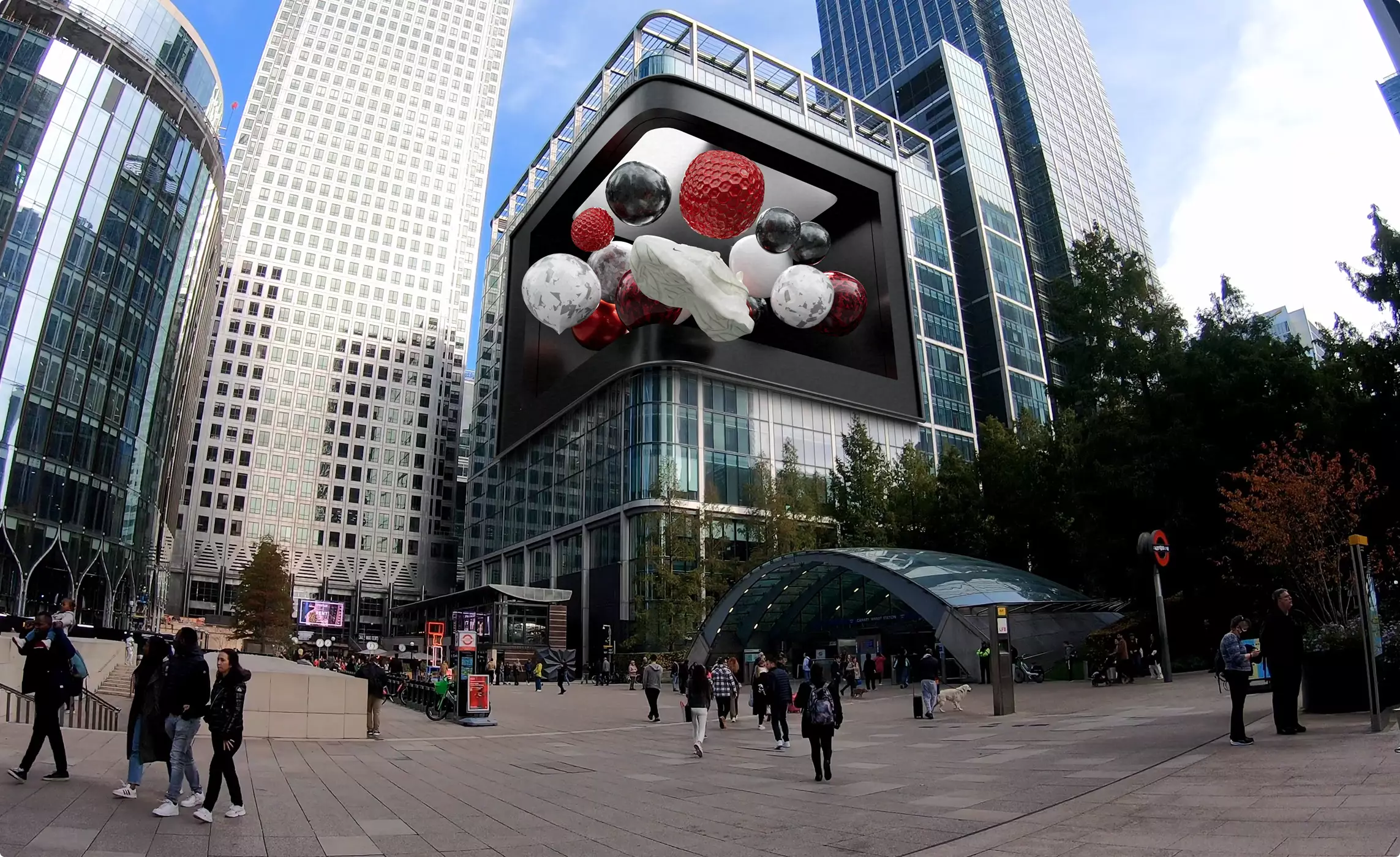 FOOH and CGI Advertising 3D spheres displayed on a giant digital billboard in a business district