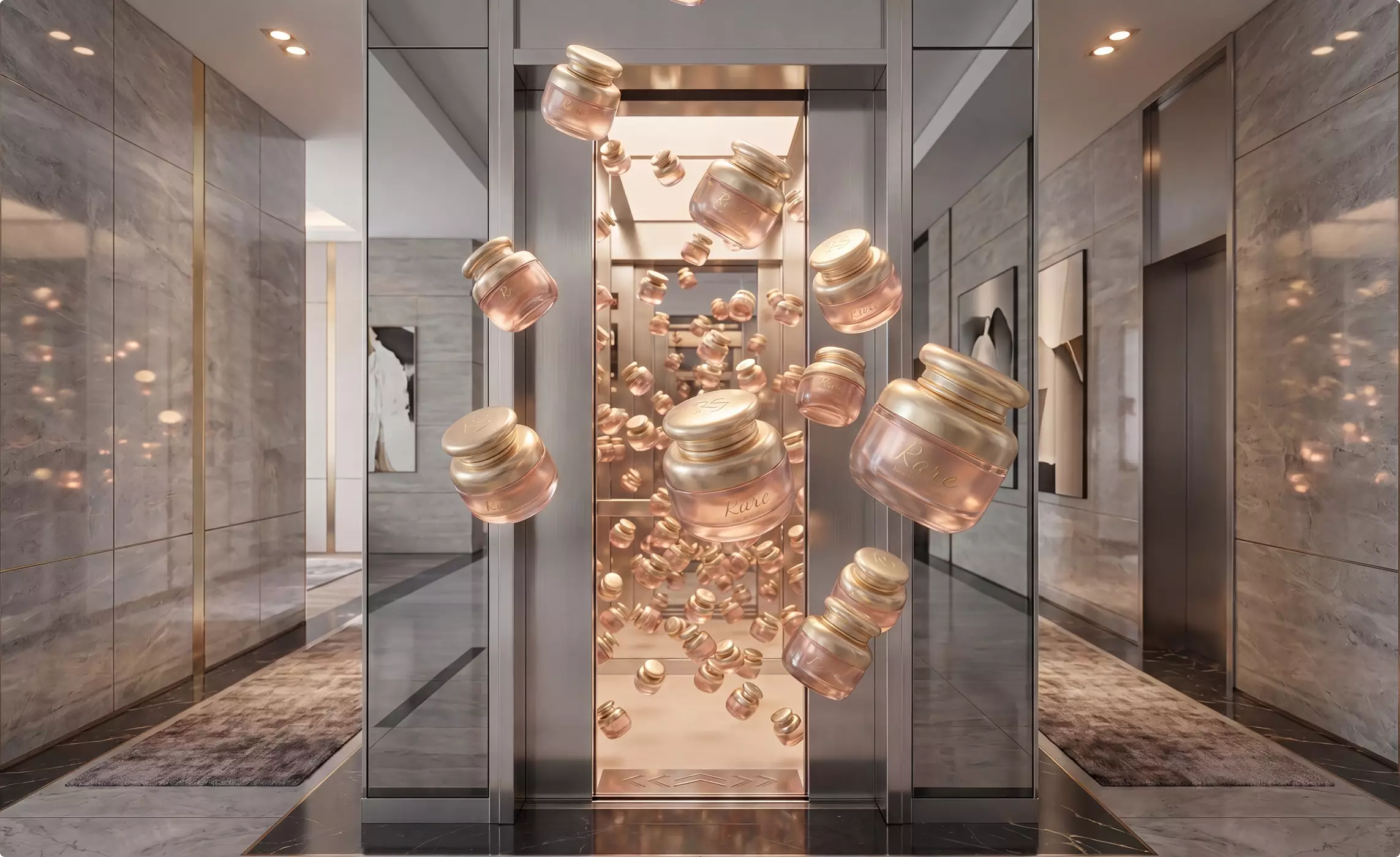 FOOH and CGI Advertising floating cosmetic jars inside a mirrored elevator lobby with warm lighting