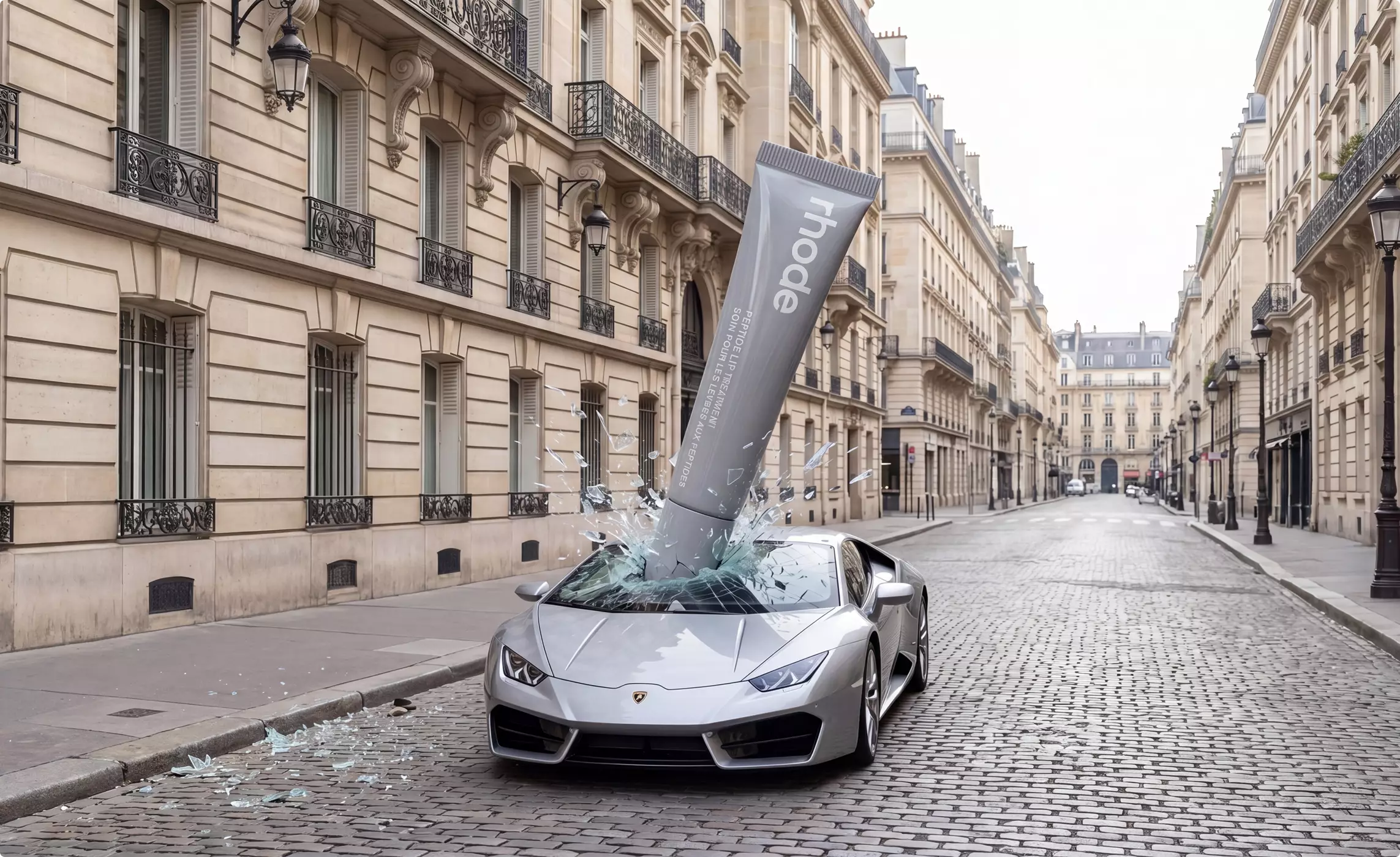 FOOH and CGI Advertising oversized skincare tube crashing through a silver sports car on Paris street