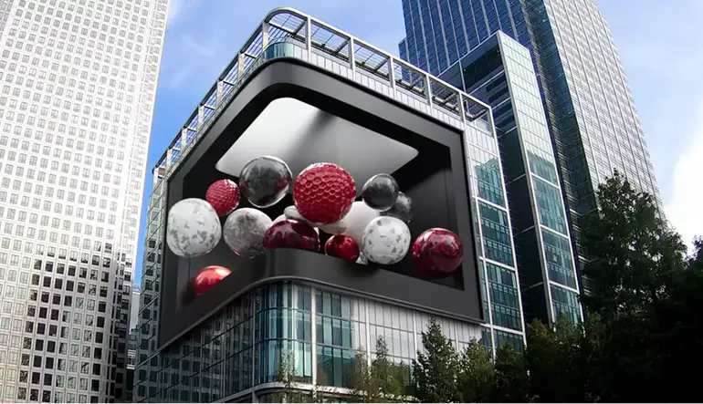 Fooh CGI on a curved billboard with red, black, and white floating spheres between glass towers.