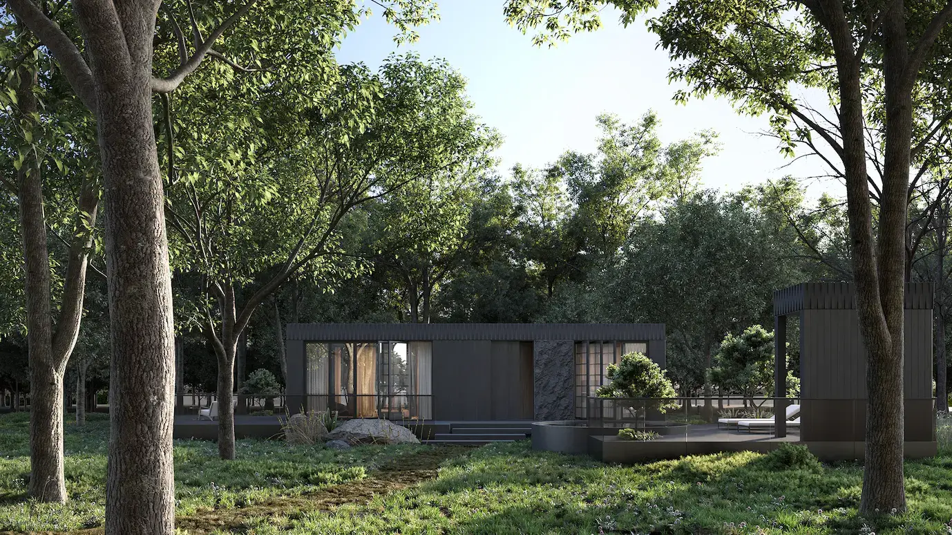 Dark modern cabin in a wooded clearing with deck and trees, ai architectural rendering