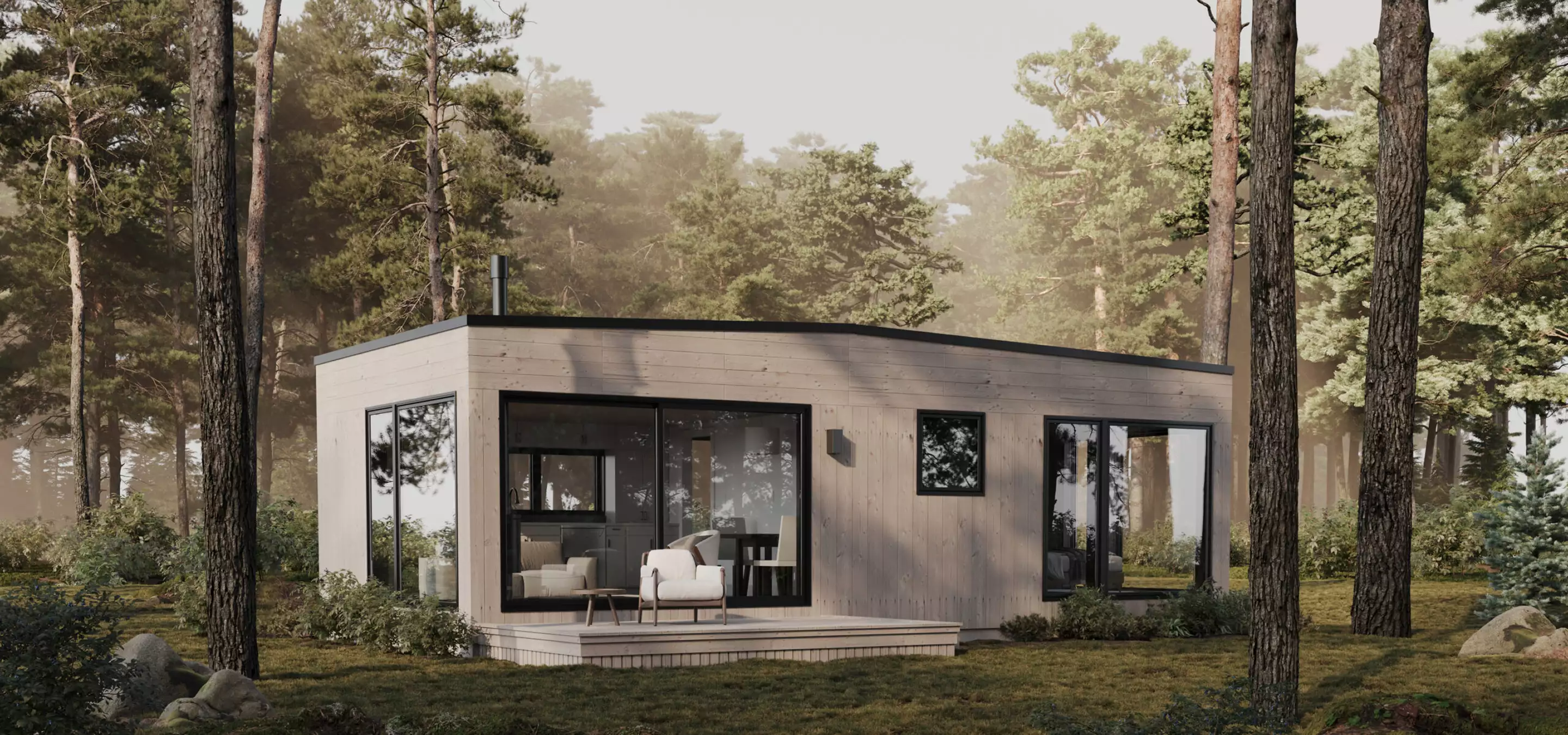 Modern forest house exterior with flat roof, wood facade, and large windows surrounded by pine trees