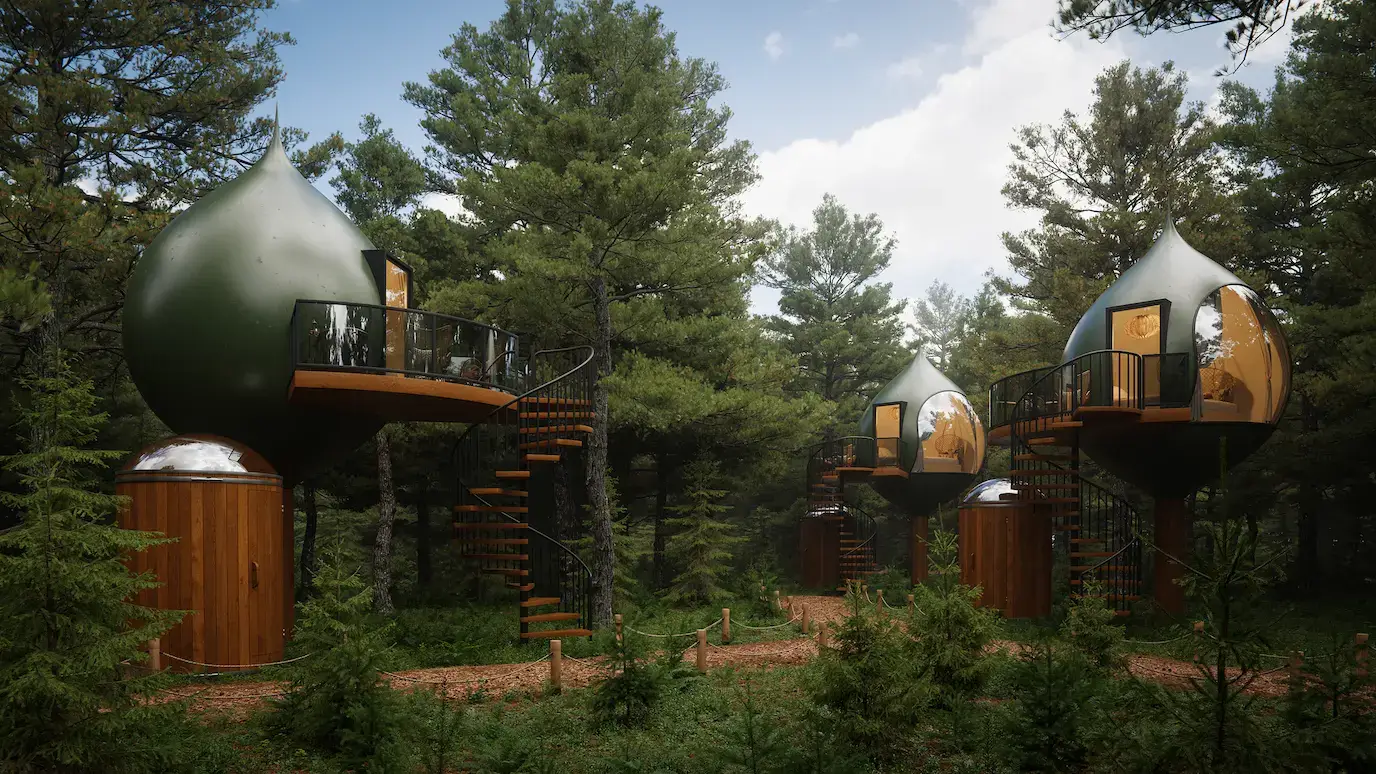 Treehouse pods in a pine forest with spiral stairs, best ai renderer