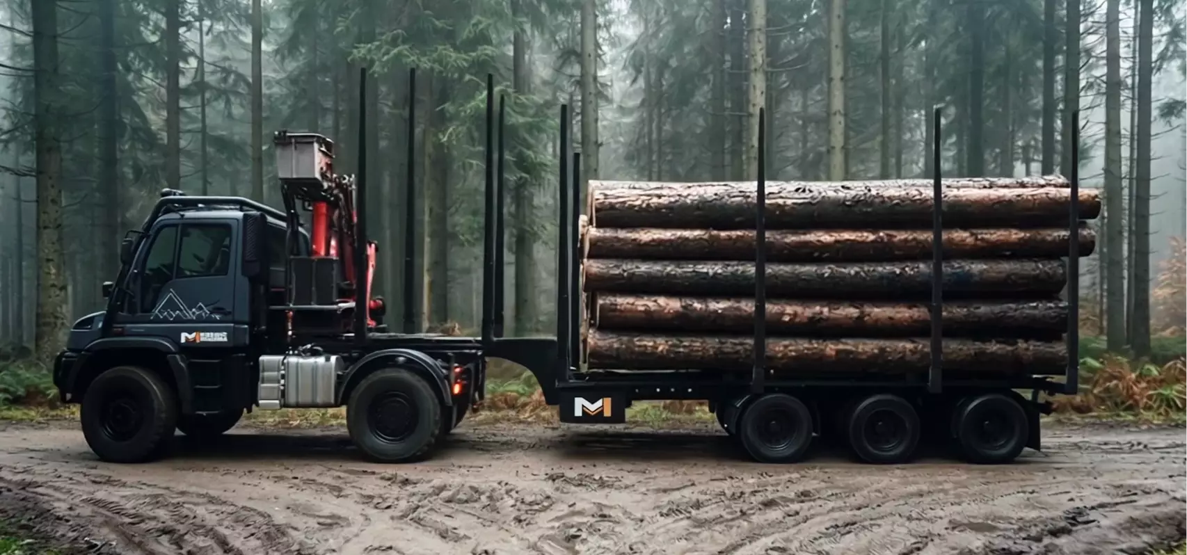 Forestry equipment 3d rendering side view of logging truck loaded with stacked timber