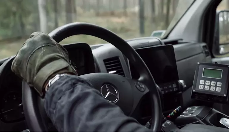 Forestry vehicle product rendering interior with steering wheel dashboard and control panel