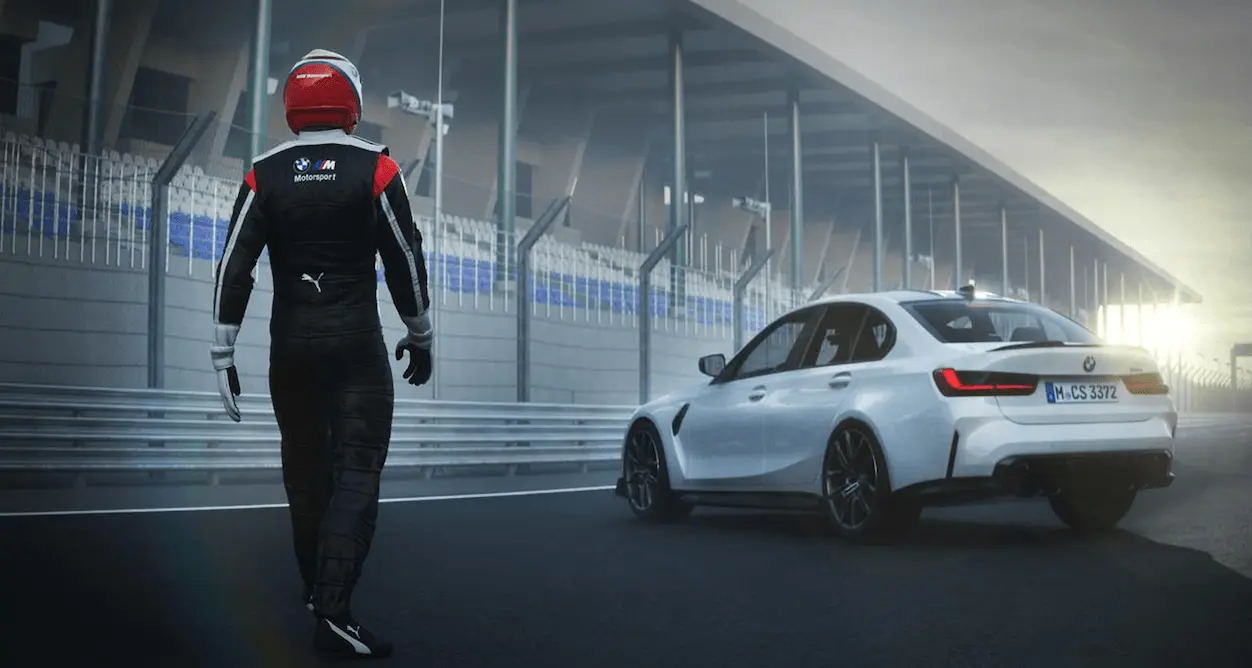 Race driver walking toward a white BMW sedan on a track, gaussian splatting