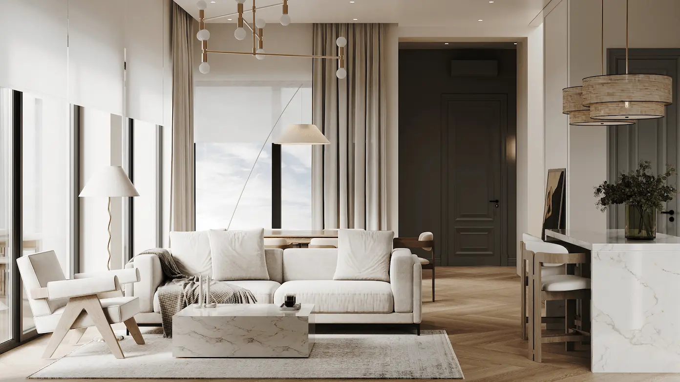 Bright living room with white sofa, marble table, and pendant lights, gaussian splatting