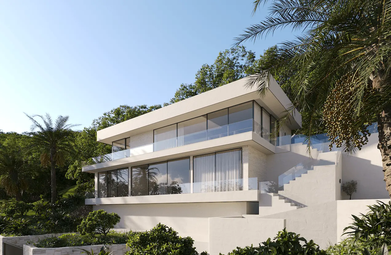 Modern white villa with glass balconies among tropical trees, gaussian splatting