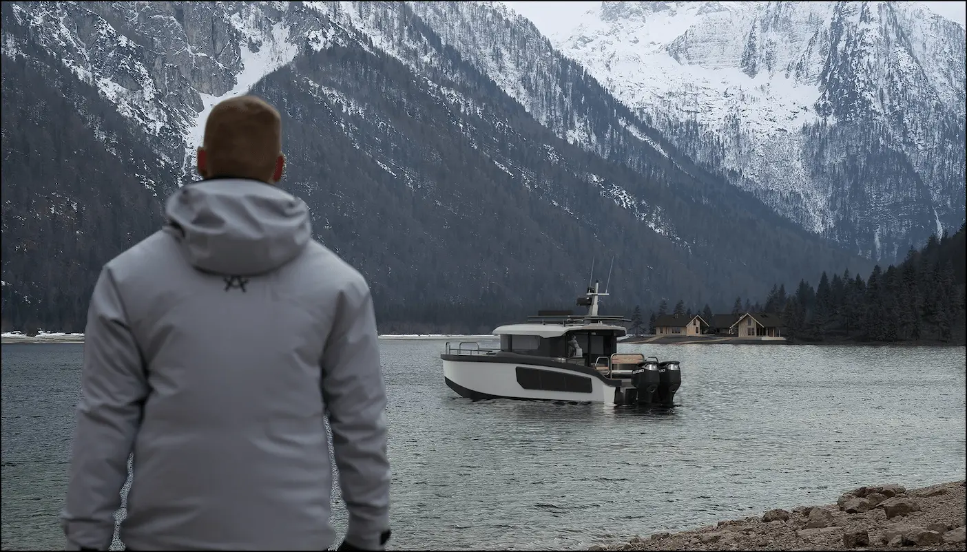 Person viewing a motorboat on a mountain lake with snowy peaks, gaussian splatting