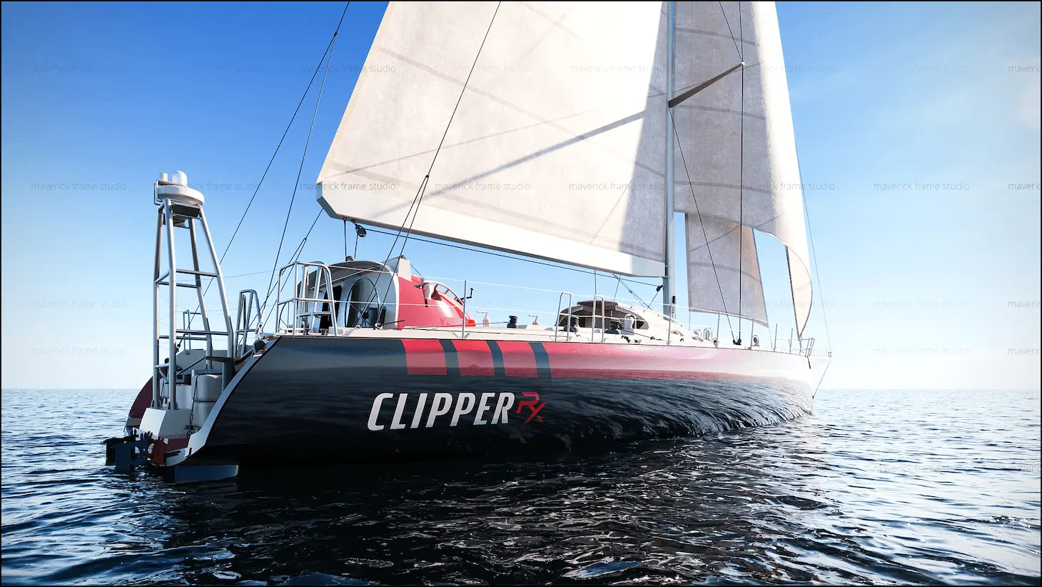 Sailboat with white sails on calm sea under blue sky, gaussian splatting