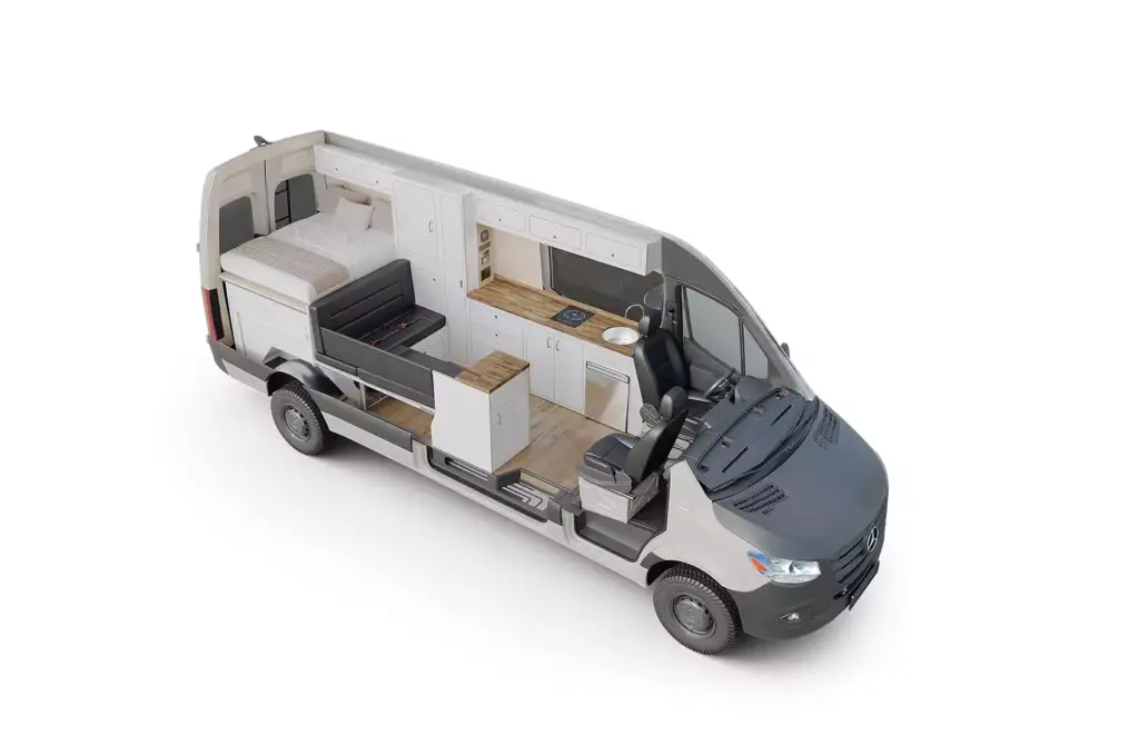 High-end automotive rendering service camper van cutaway showing bed, bench seat, kitchen, and cab