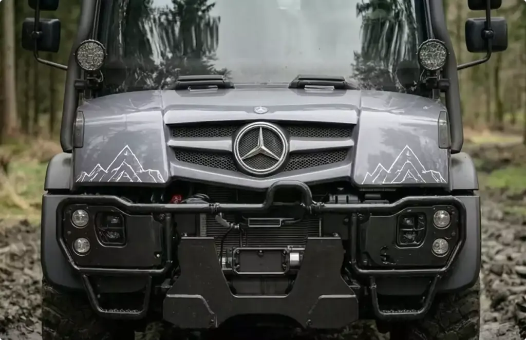 High-end automotive rendering service front view of an off-road truck with grille guard and spotlights