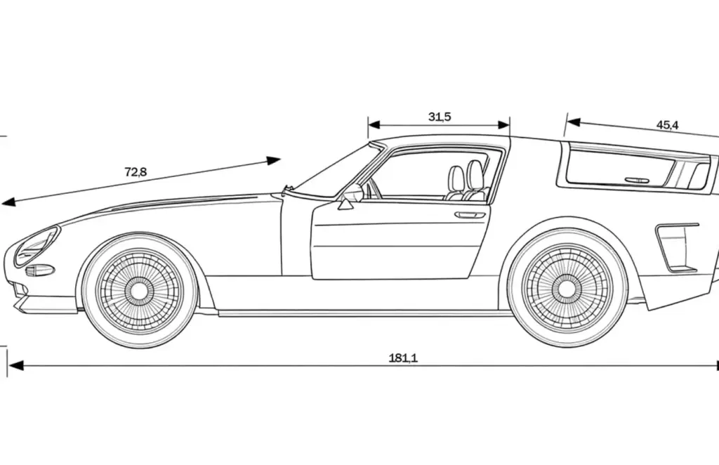 High-end automotive rendering service side blueprint of a vintage shooting brake with dimensions