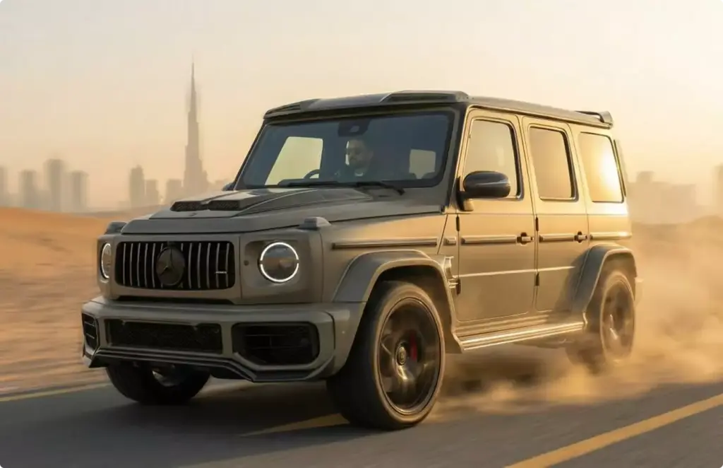 High-end automotive rendering service gray SUV driving on desert road with city skyline behind