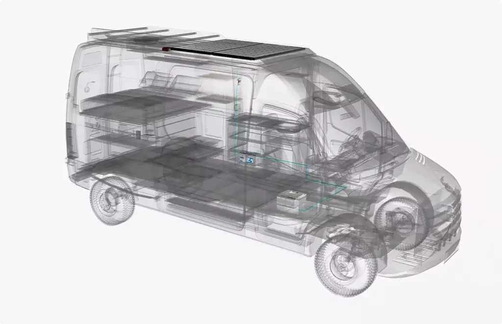 High-end automotive rendering service transparent van cutaway showing interior layout and components