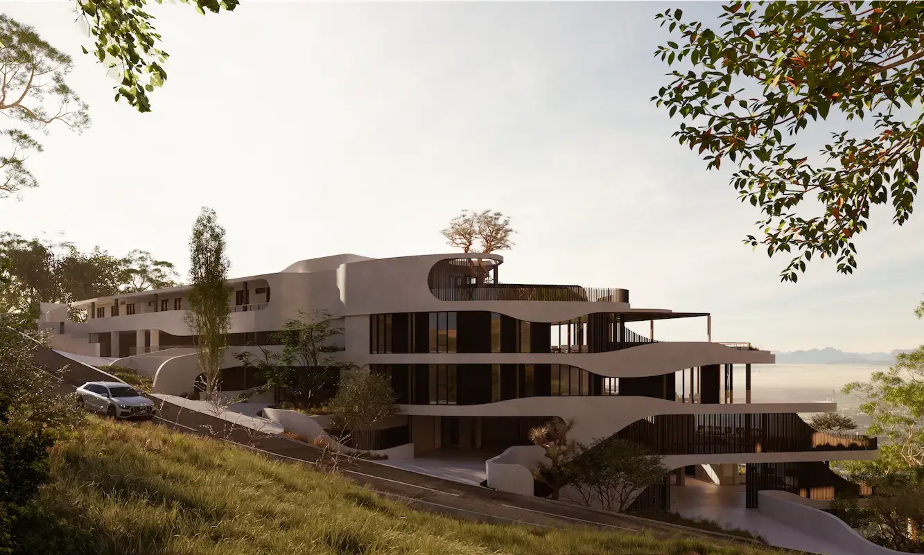 Curved hillside villa at sunset with terraces and trees, architectural rendering
