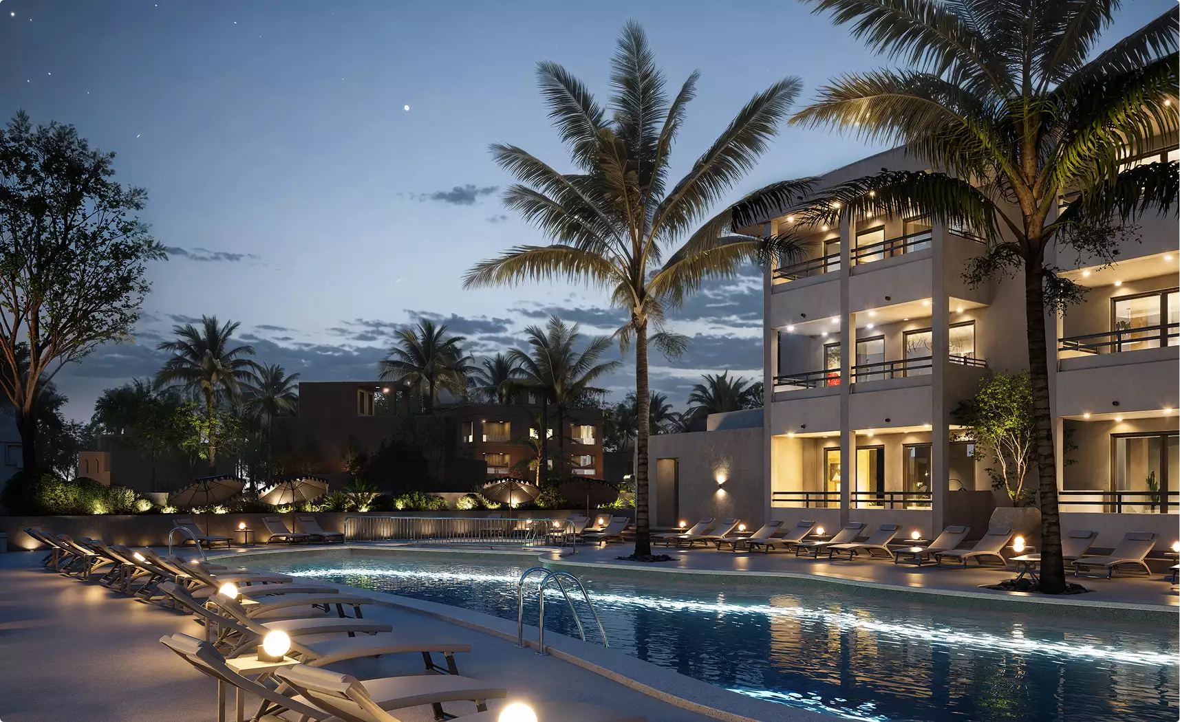 Hotel 3d rendering of resort pool at night with palm trees, lit paths and multi story buildings
