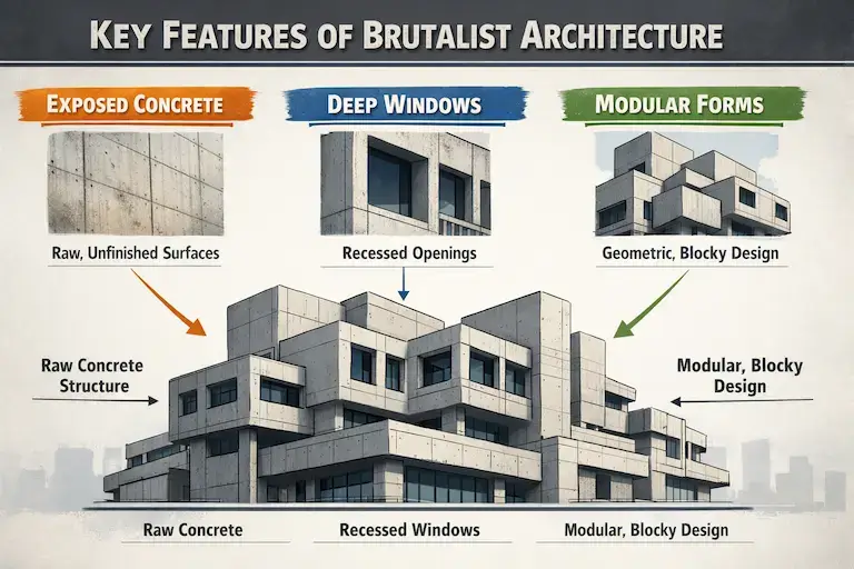 key features of brutalist architecture including exposed concrete deep windows and modular forms
