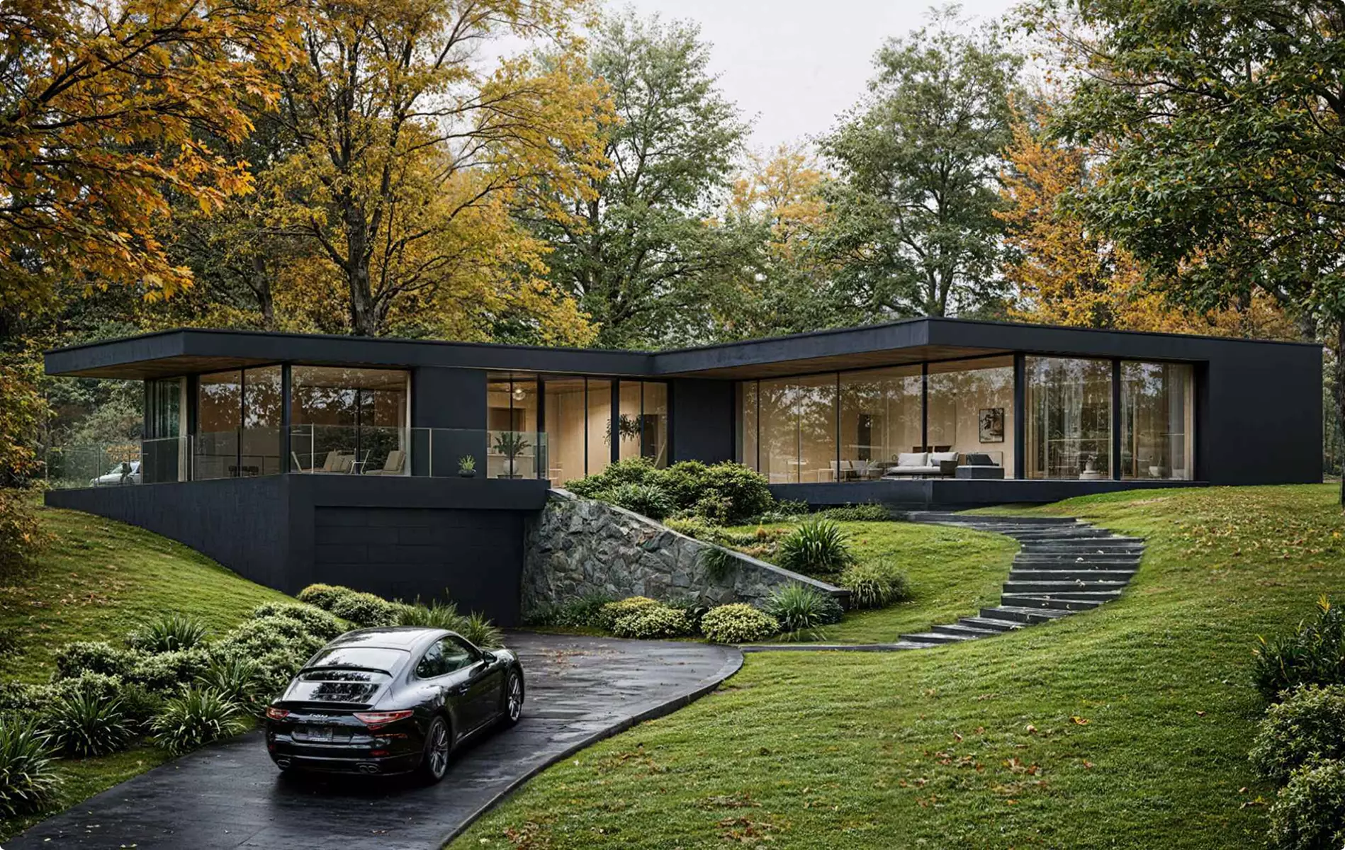 Landscape Rendering Services black modern home with curved driveway and autumn landscape