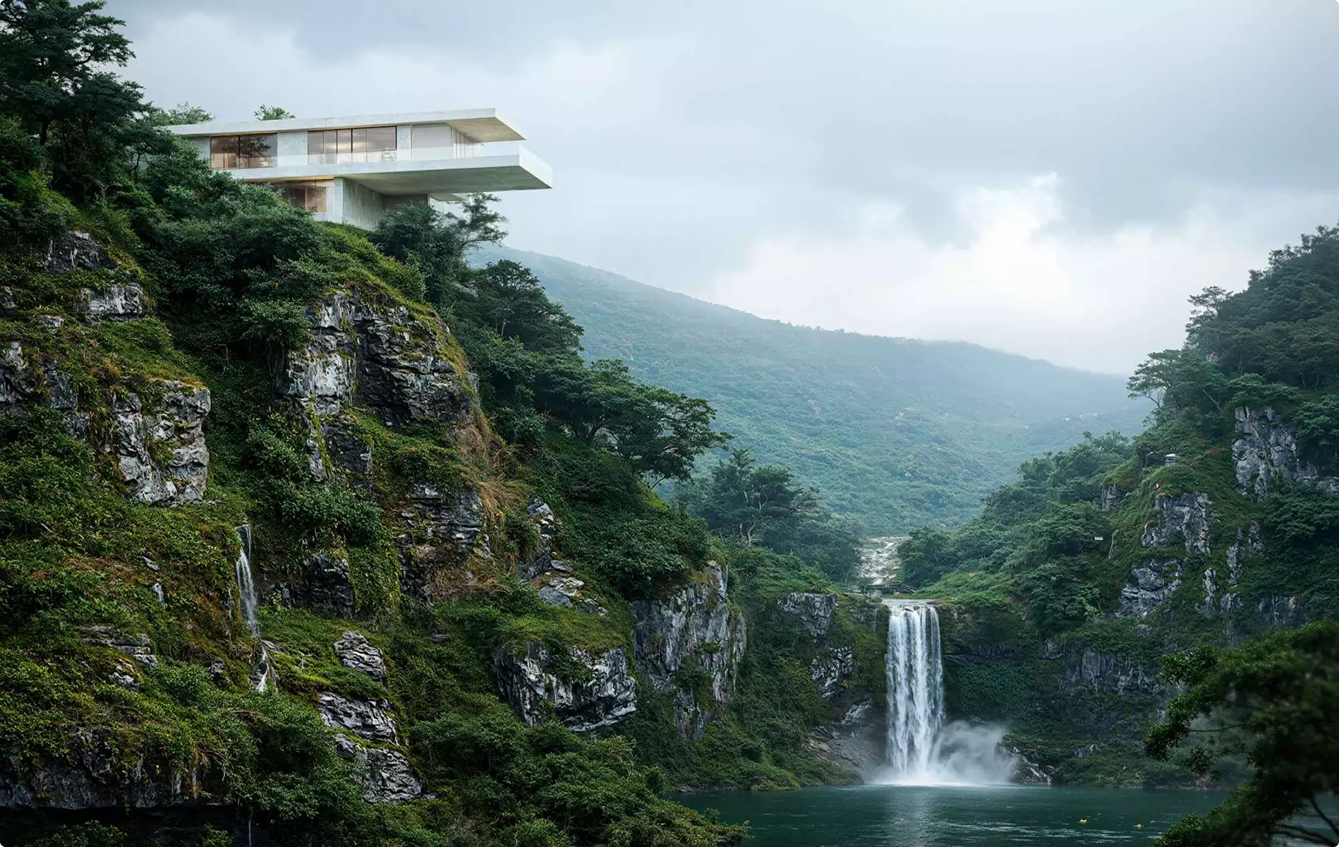 Landscape Rendering Services cliffside modern home above waterfall and forested canyon