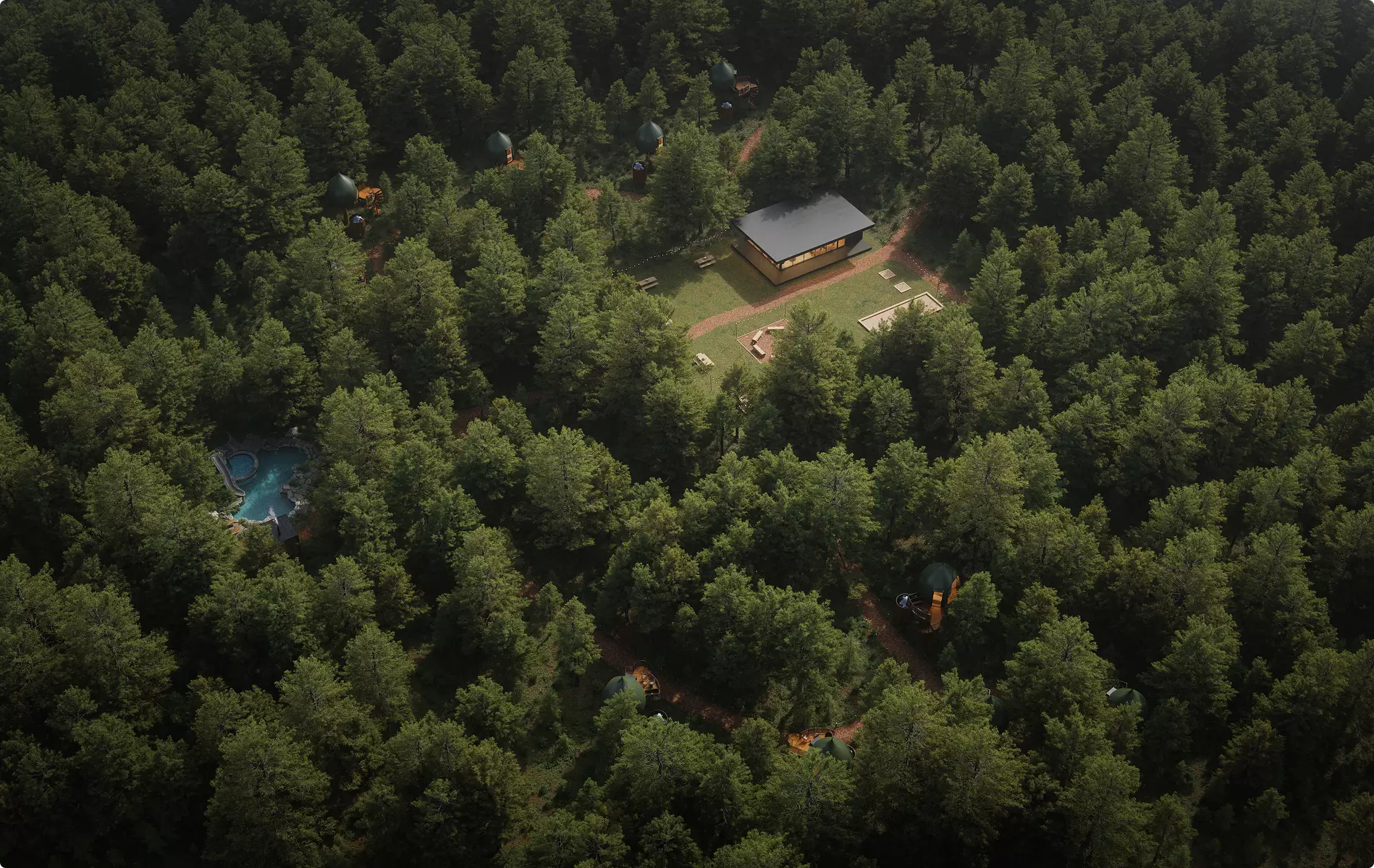 Landscape Rendering Services forest retreat with cabins, trails, and central gathering space