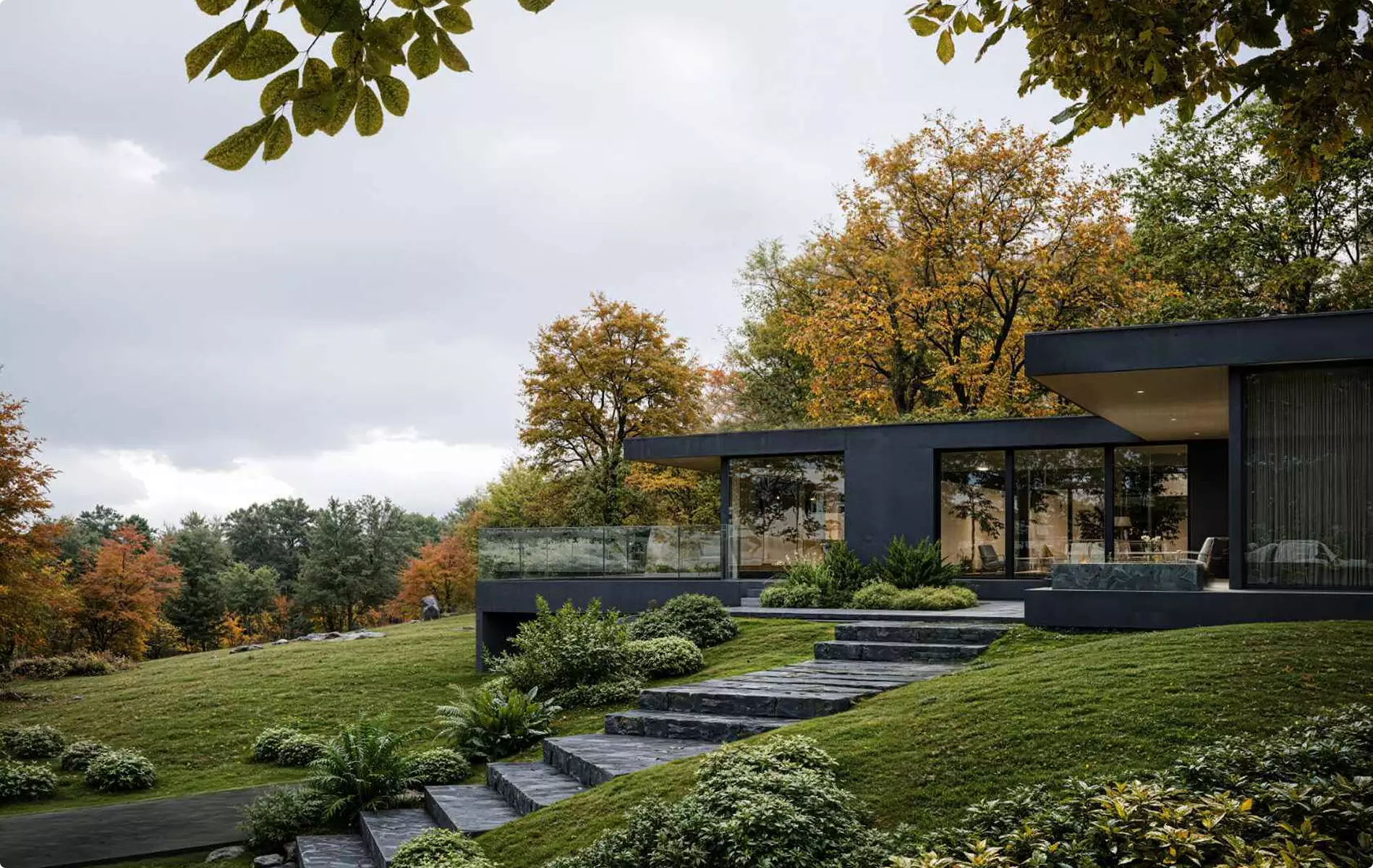 Landscape Rendering Services modern hillside home with stone steps and manicured lawn