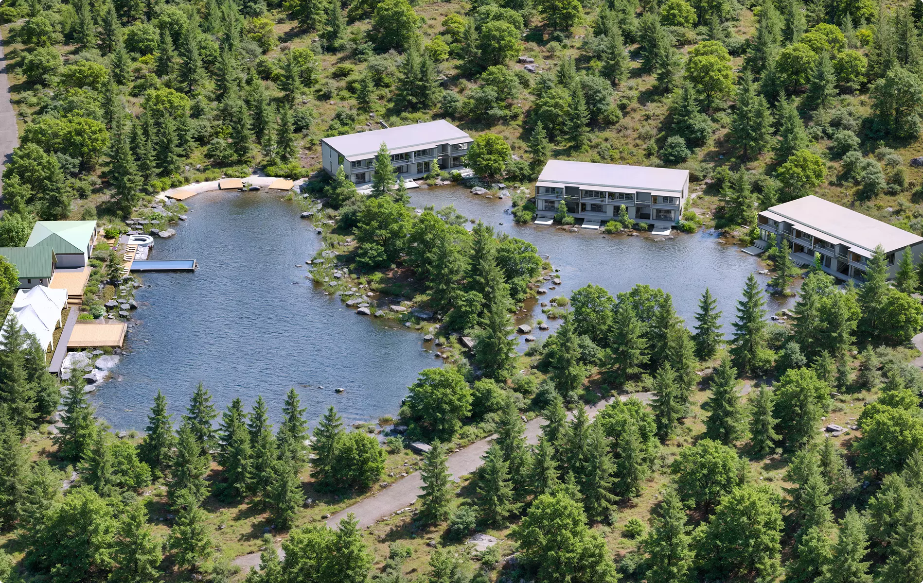 Landscape Rendering Services aerial view of lakeside cabins surrounded by dense green forest