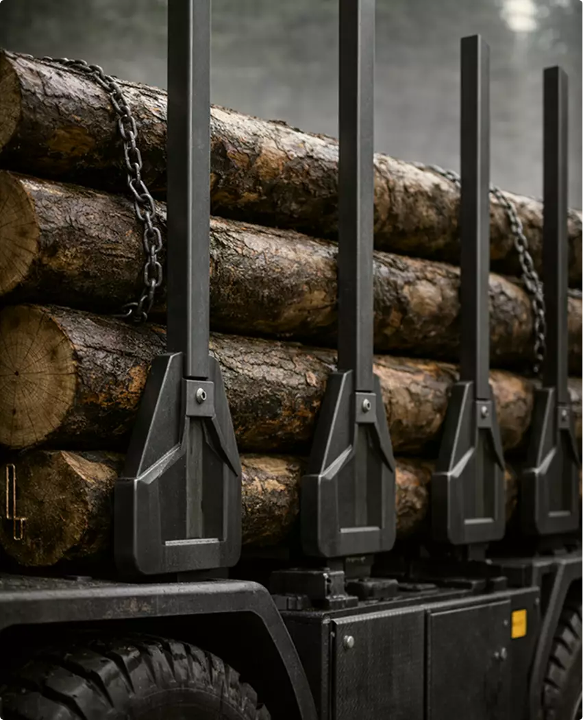 Logging machine product visualization close up of logs secured with metal stakes and chains