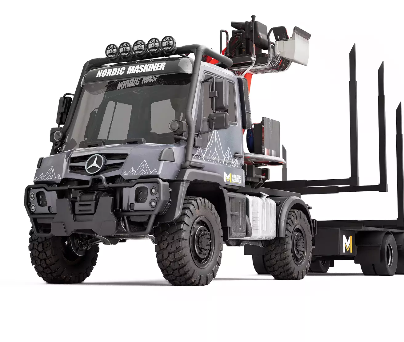 Logging machine product visualization truck render with crane and empty log trailer on white