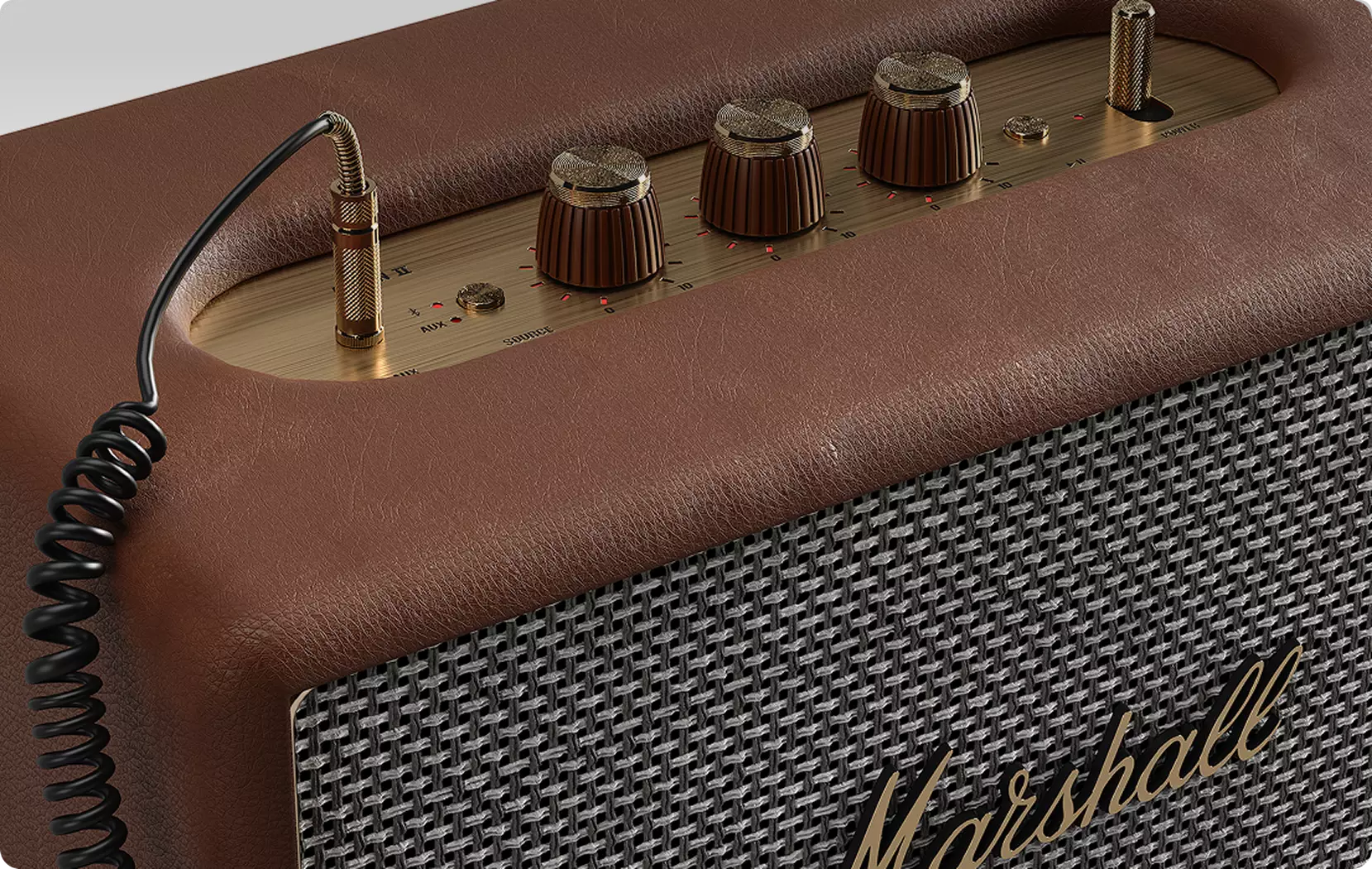 Material and texture renders speaker top with leather surface metal panel and knobs