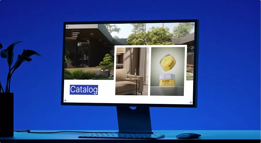Desktop monitor displaying catalog layout with home and product images, menu pictures design