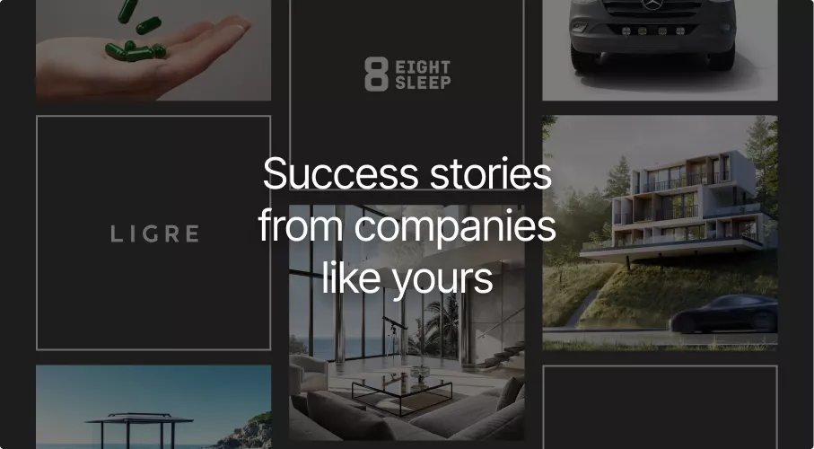 Collage of brand visuals with text success stories from companies like yours, menu pictures layout