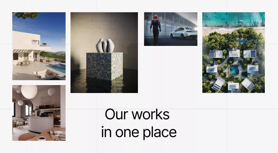 Grid of architecture and interior images with text our works in one place, menu pictures showcase