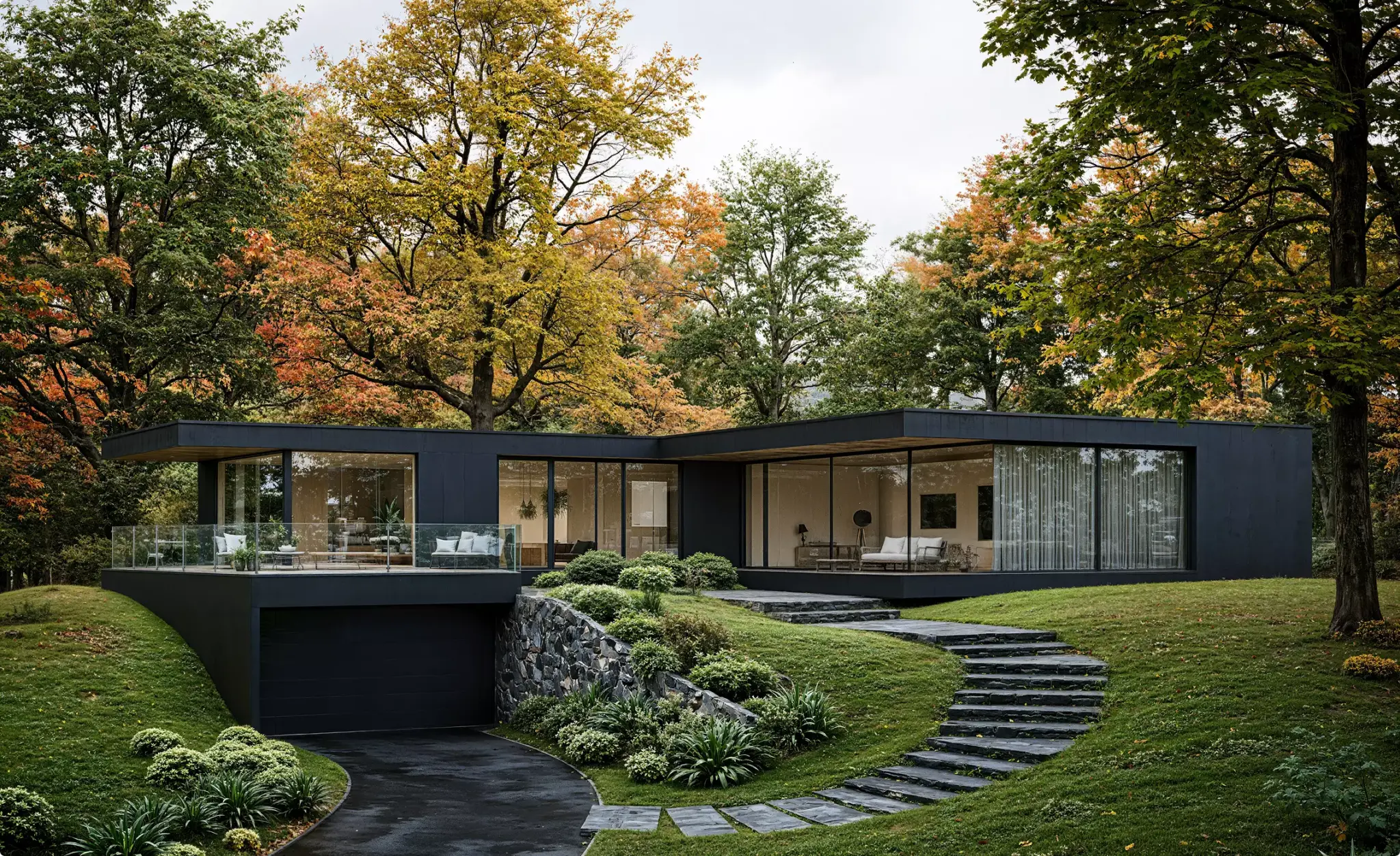 Modern glass house in forest, 3D rendering company USA, autumn trees and landscaped steps