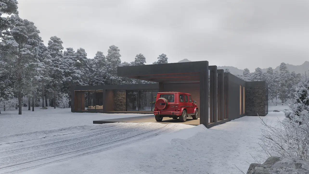 Outsource 3D Rendering: A Practical Guide for Architectural Projects Modern house in snowy forest with red SUV, outsource 3d rendering