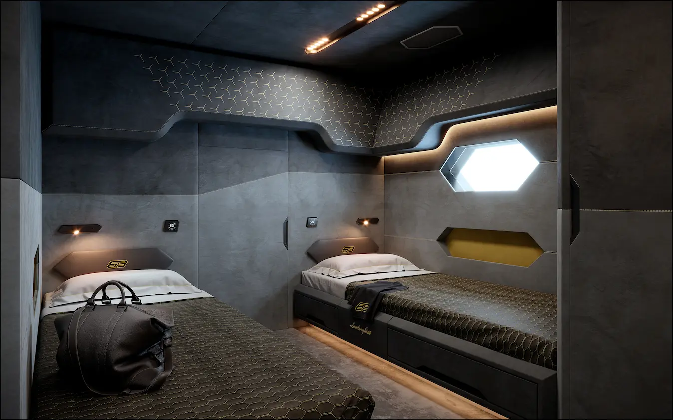 Outsource 3D Rendering: A Practical Guide for Architectural Projects Futuristic twin bedroom with dark finishes and hexagonal window, outsourcing 3d rendering