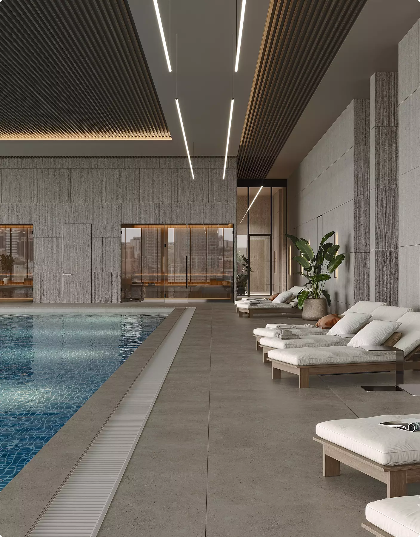 Pool rendering portfolio with luxury indoor pool and cushioned lounge chairs
