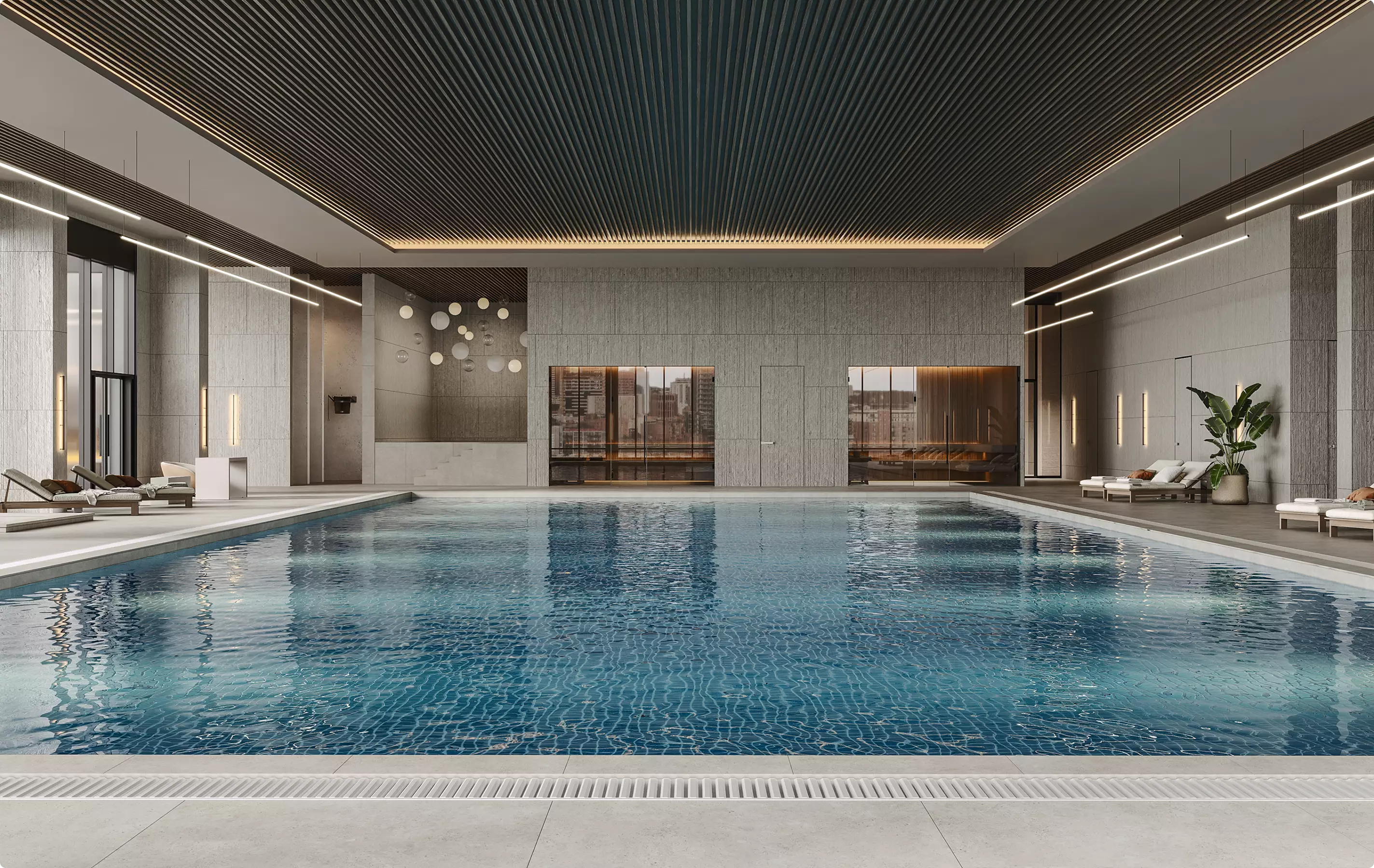Pool rendering portfolio featuring luxury indoor pool with tiled water and lounge chairs