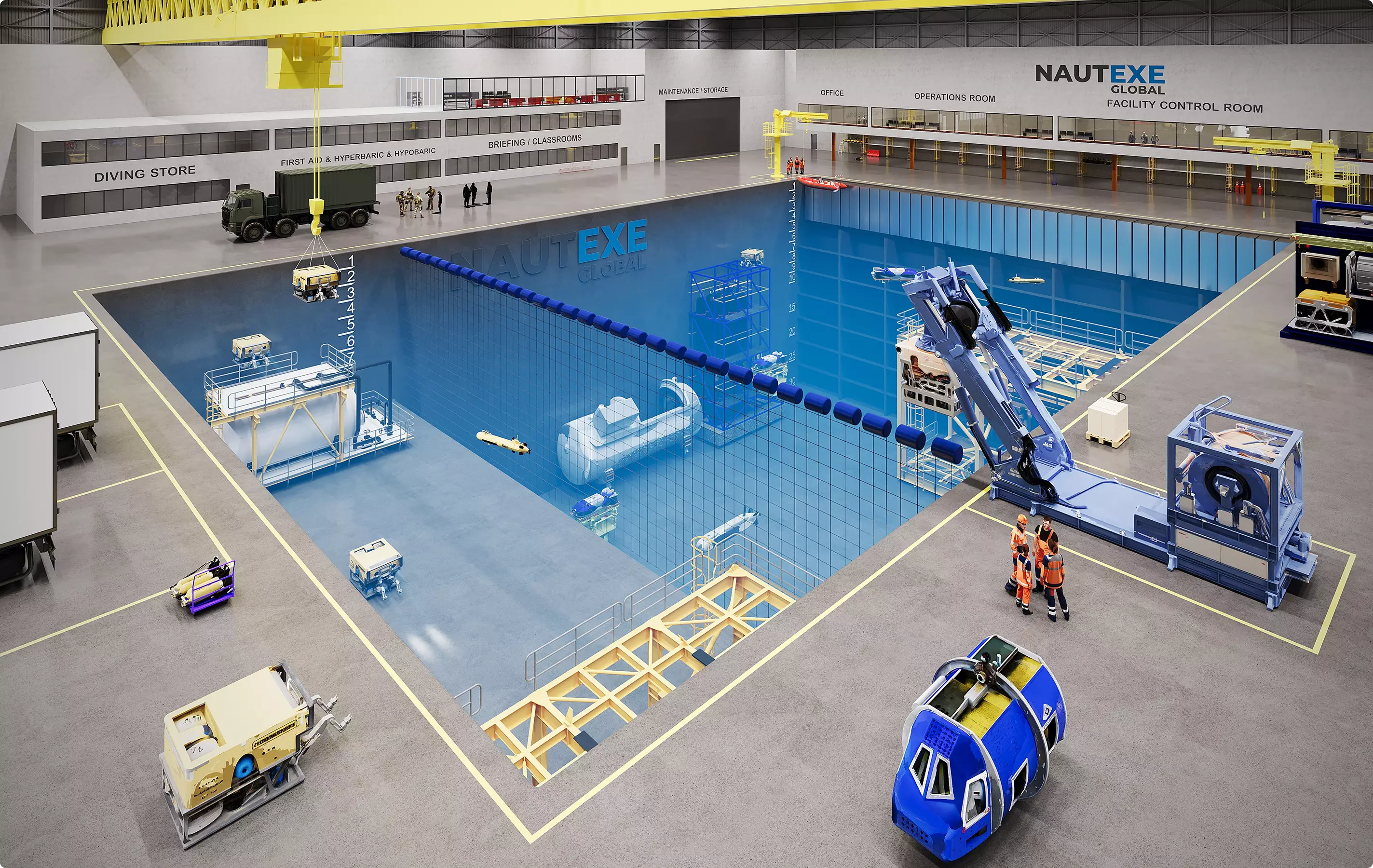Pool rendering portfolio showing large underwater testing pool with cranes and submersibles
