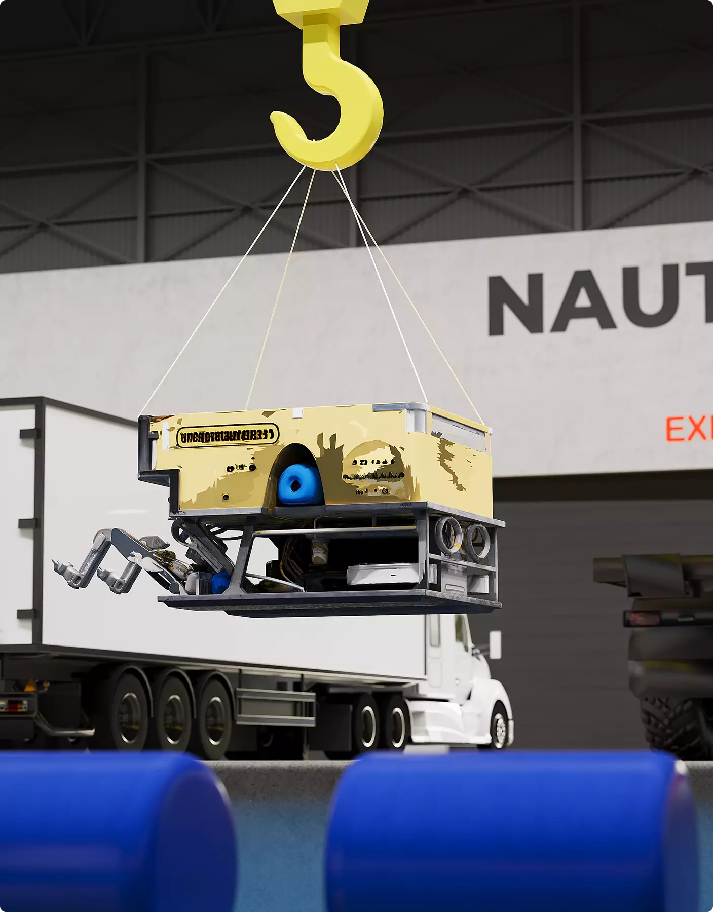 Pool rendering portfolio with suspended underwater robot above deep testing pool