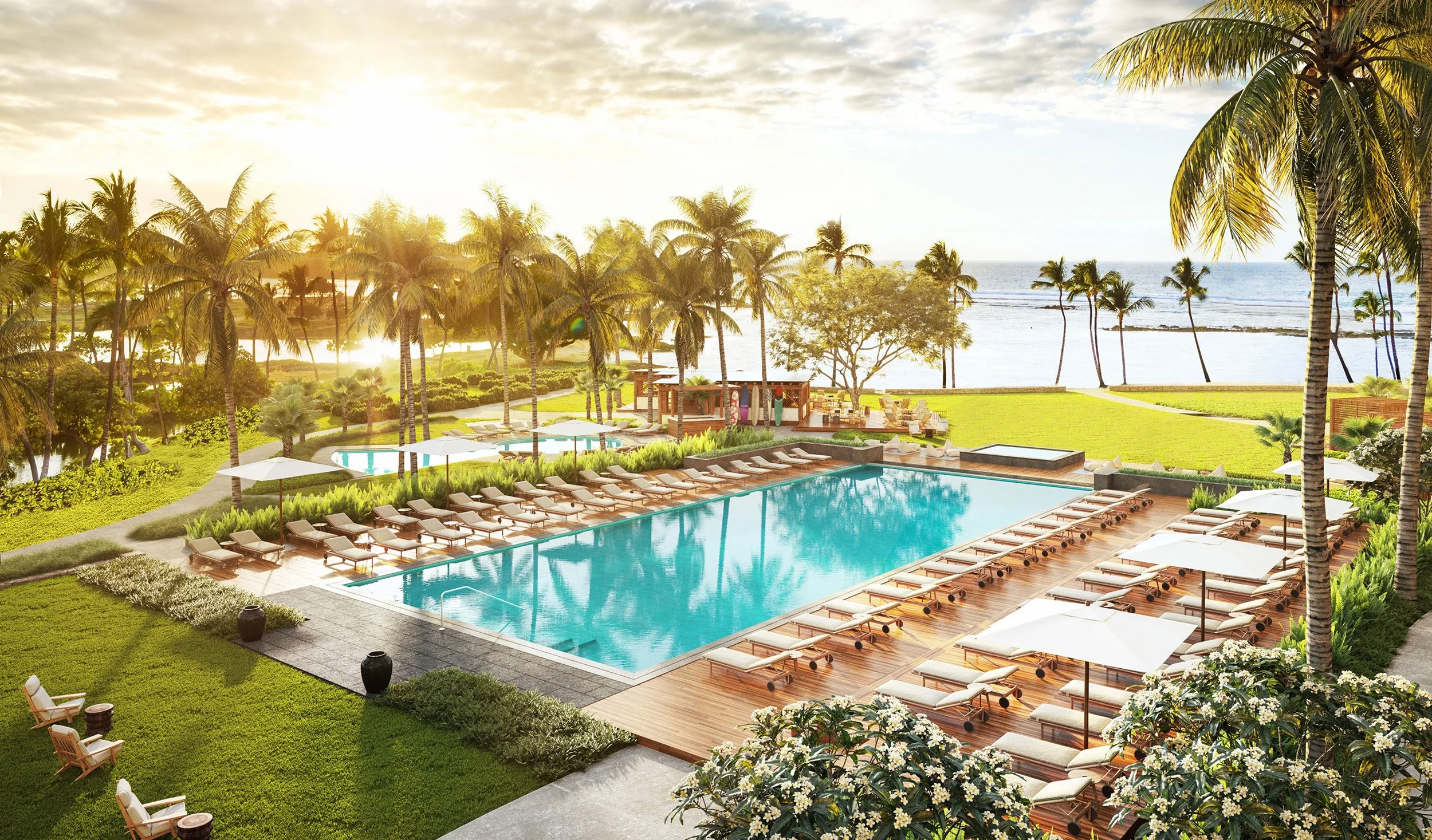 Luxury pool resort with palm trees, 3D rendering company USA, sun loungers and ocean