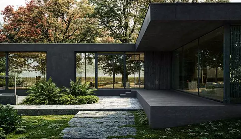 Courtyard of private house 3d rendering with glass facade, stone path and greenery