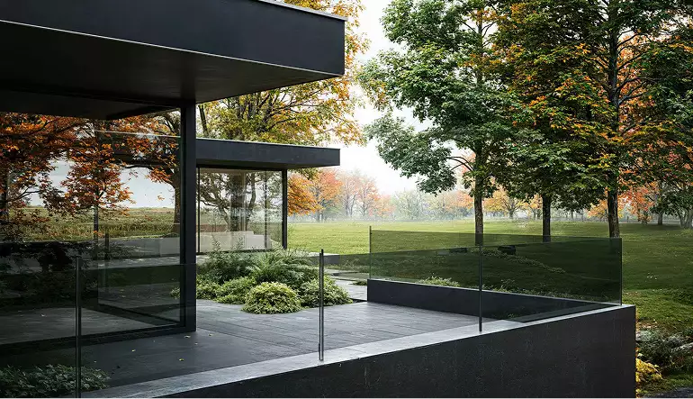 Terrace of private house 3d rendering with glass railing, trees and open landscape view