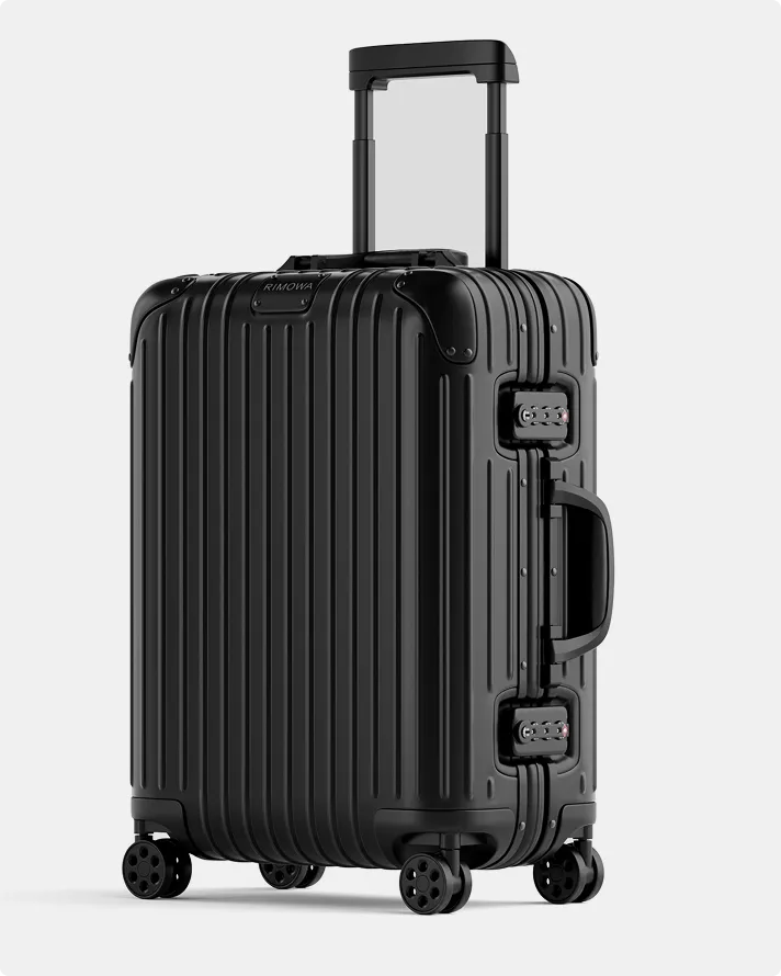 Black hard shell suitcase with wheels Product modeling travel luggage design