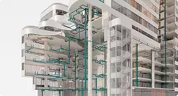 Building cutaway showing pipes Product modeling architectural system view