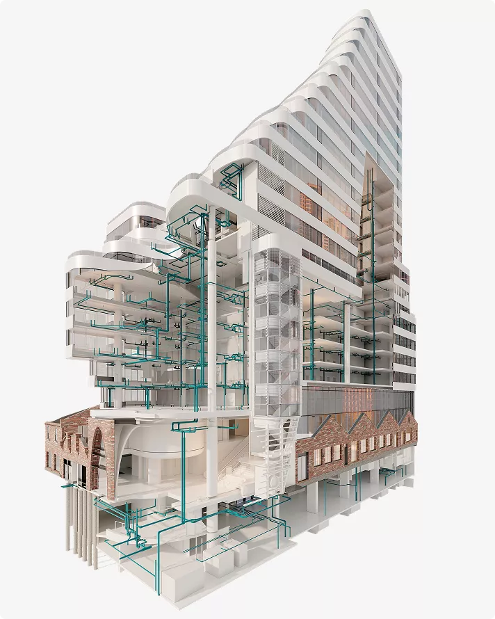 Building cutaway with visible piping Product modeling architectural systems