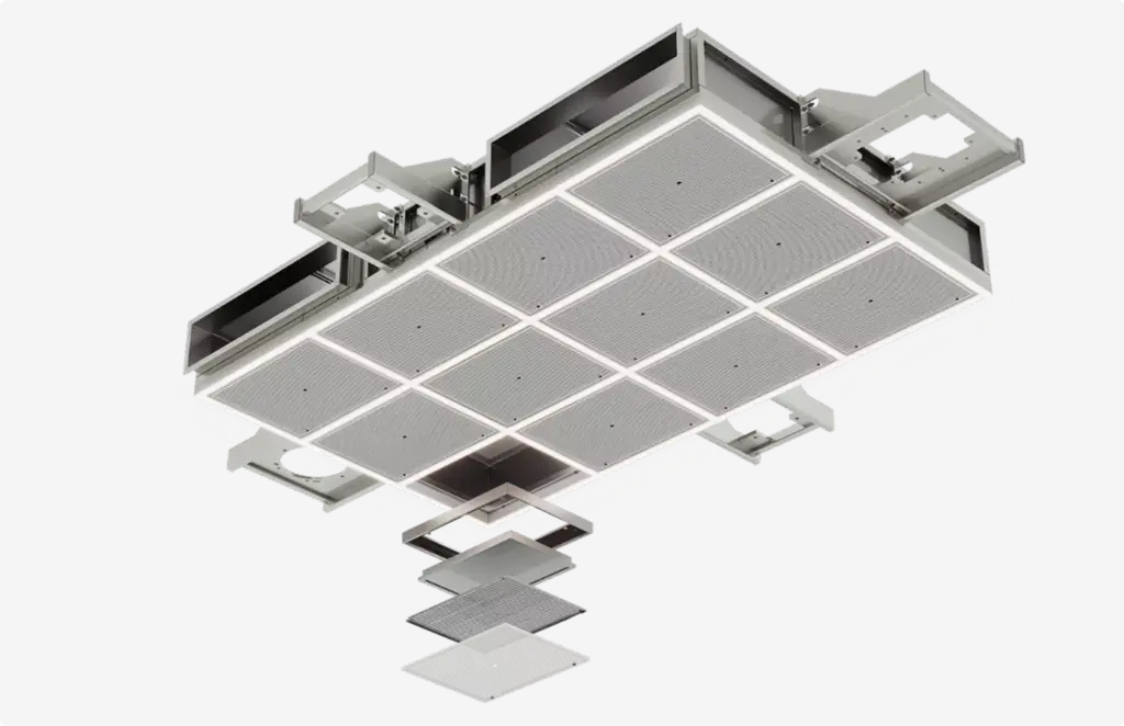Ceiling panel system exploded view Product modeling lighting structure design