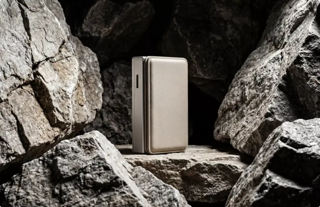 Compact device placed among rocks Product modeling rugged product display