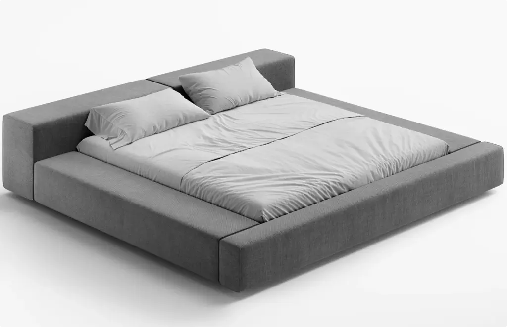 Low profile upholstered bed with pillows Product modeling bedroom furniture