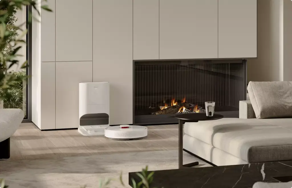 Robot vacuum with dock near fireplace Product modeling smart home setup